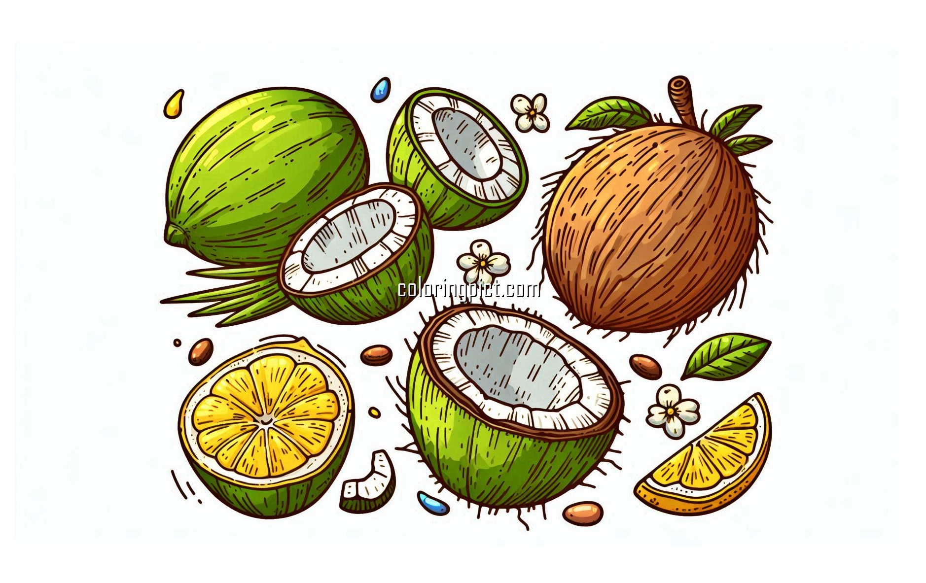 The Charm of Tropical Fruits, Coconut Coloring Page 5 imgae is coconut coloring
