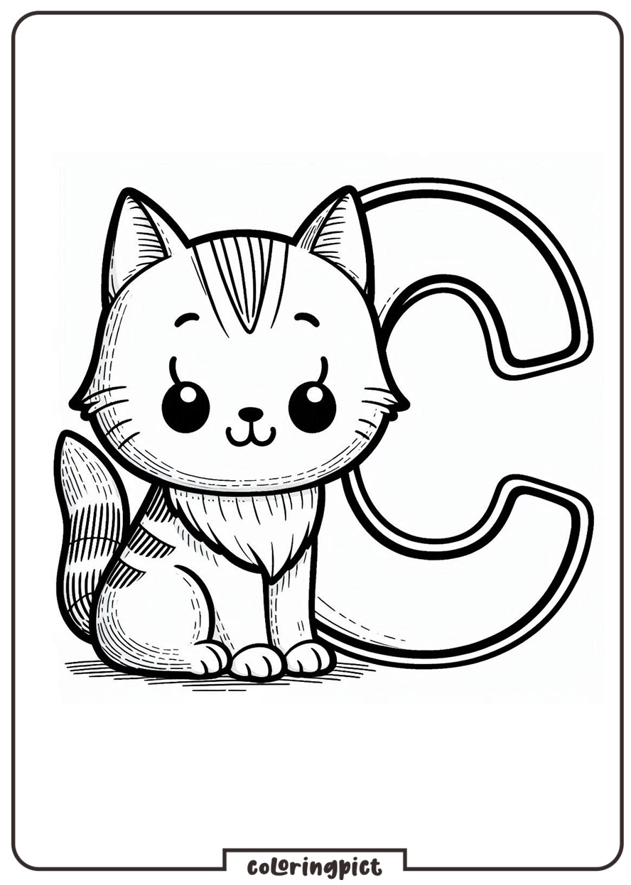 Alphabet Letter C with Cat Coloring Pages for Kids