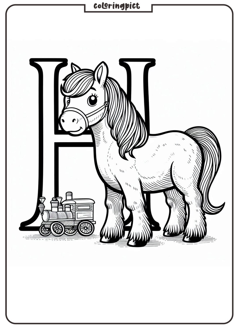 Alphabet Letter H Horse Coloring Page for kids