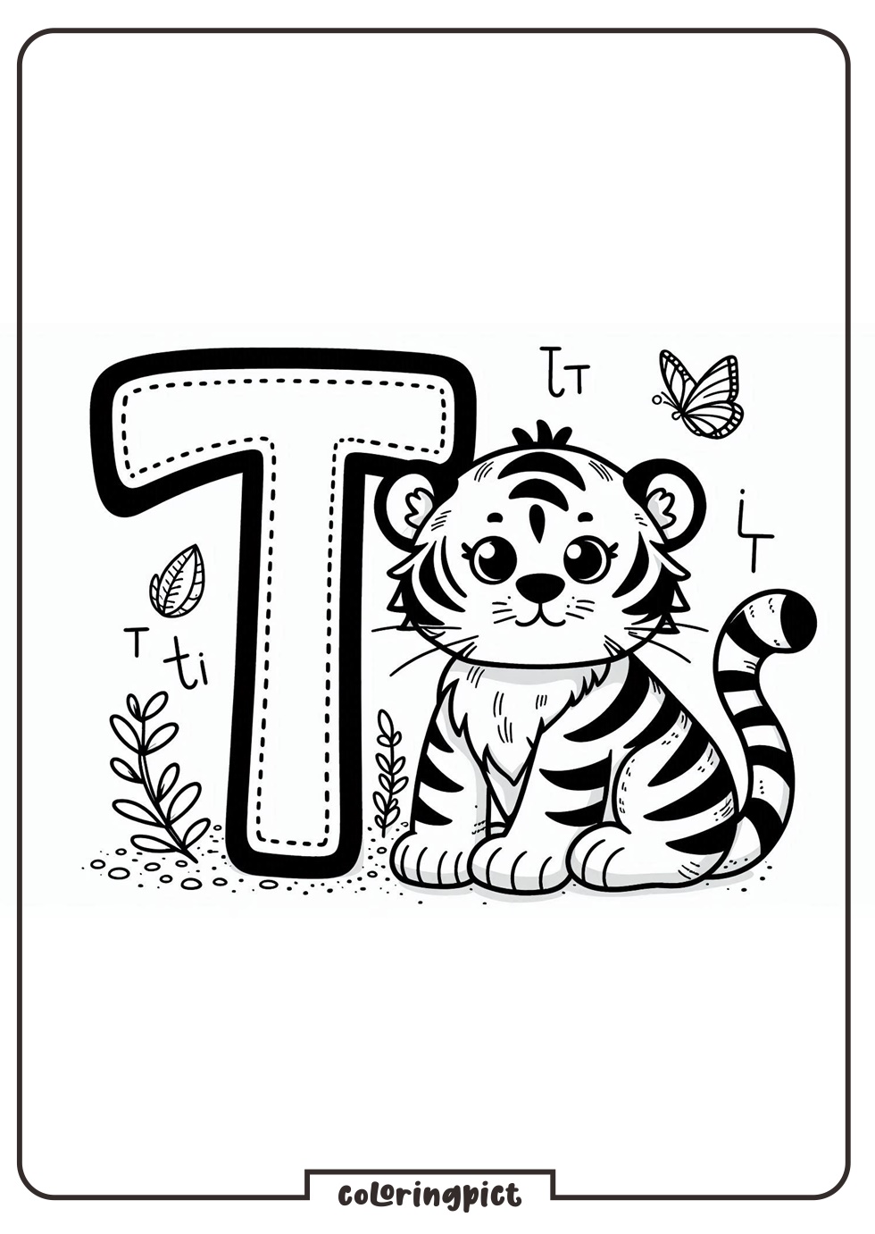 Alphabet Letter T with Tiger Coloring Page