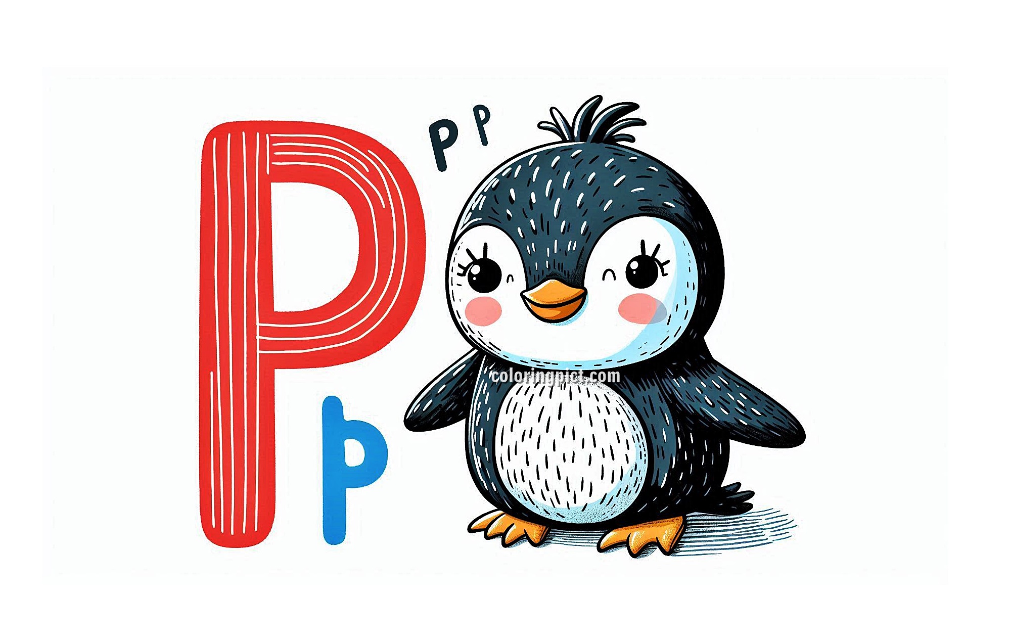 Image of Alphabet Letter P with Penguin Coloring