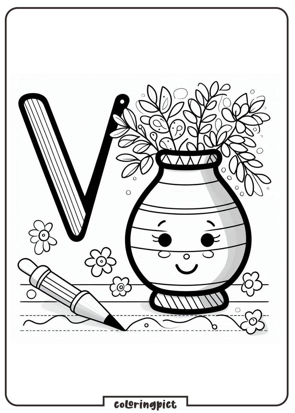 Alphabet Letter V with Vase Coloring Page