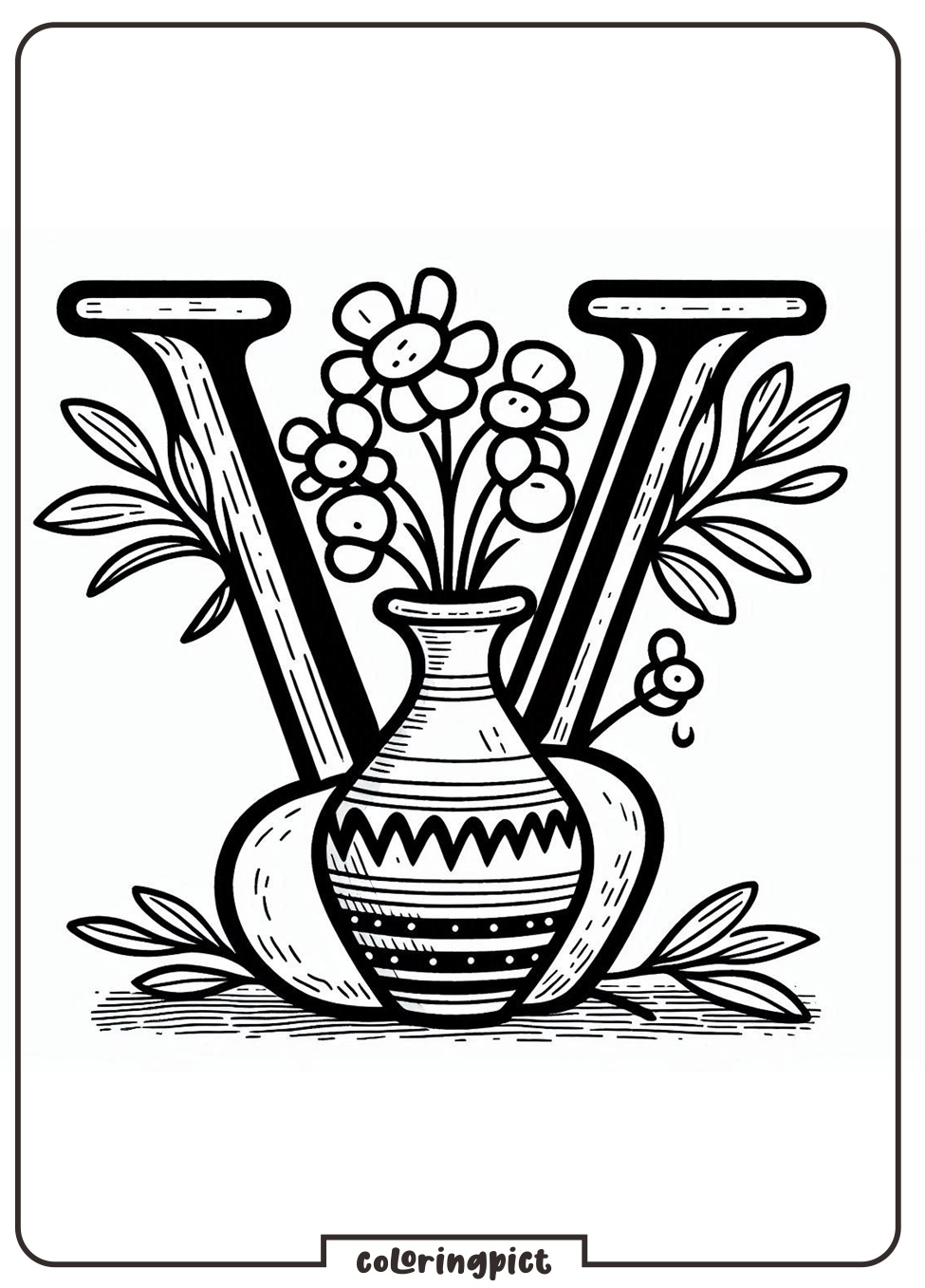 Alphabet Letter V with Vase Coloring Pages for Kids
