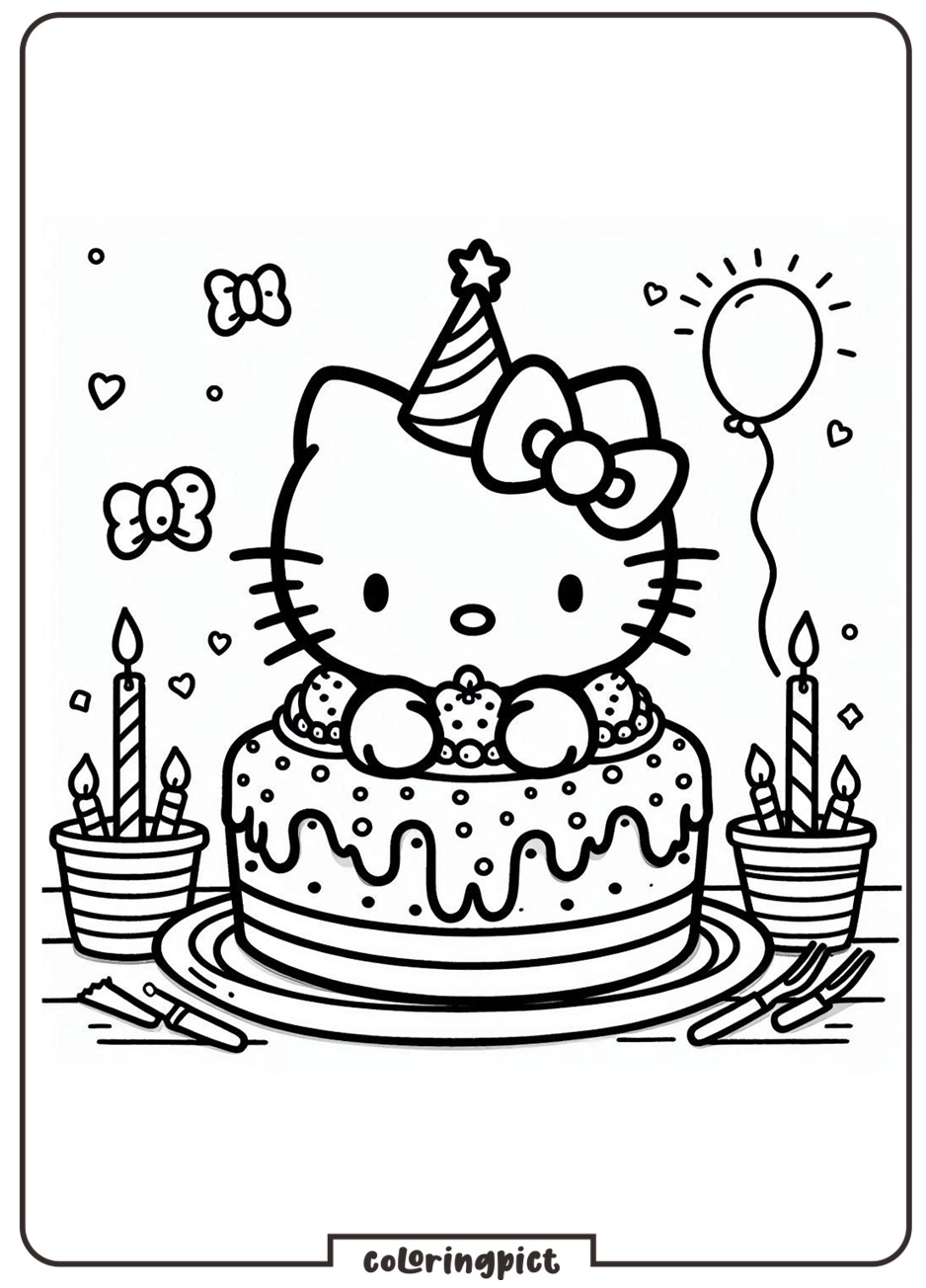 Birthday Cake Hello Kitty Coloring Pages for Kid