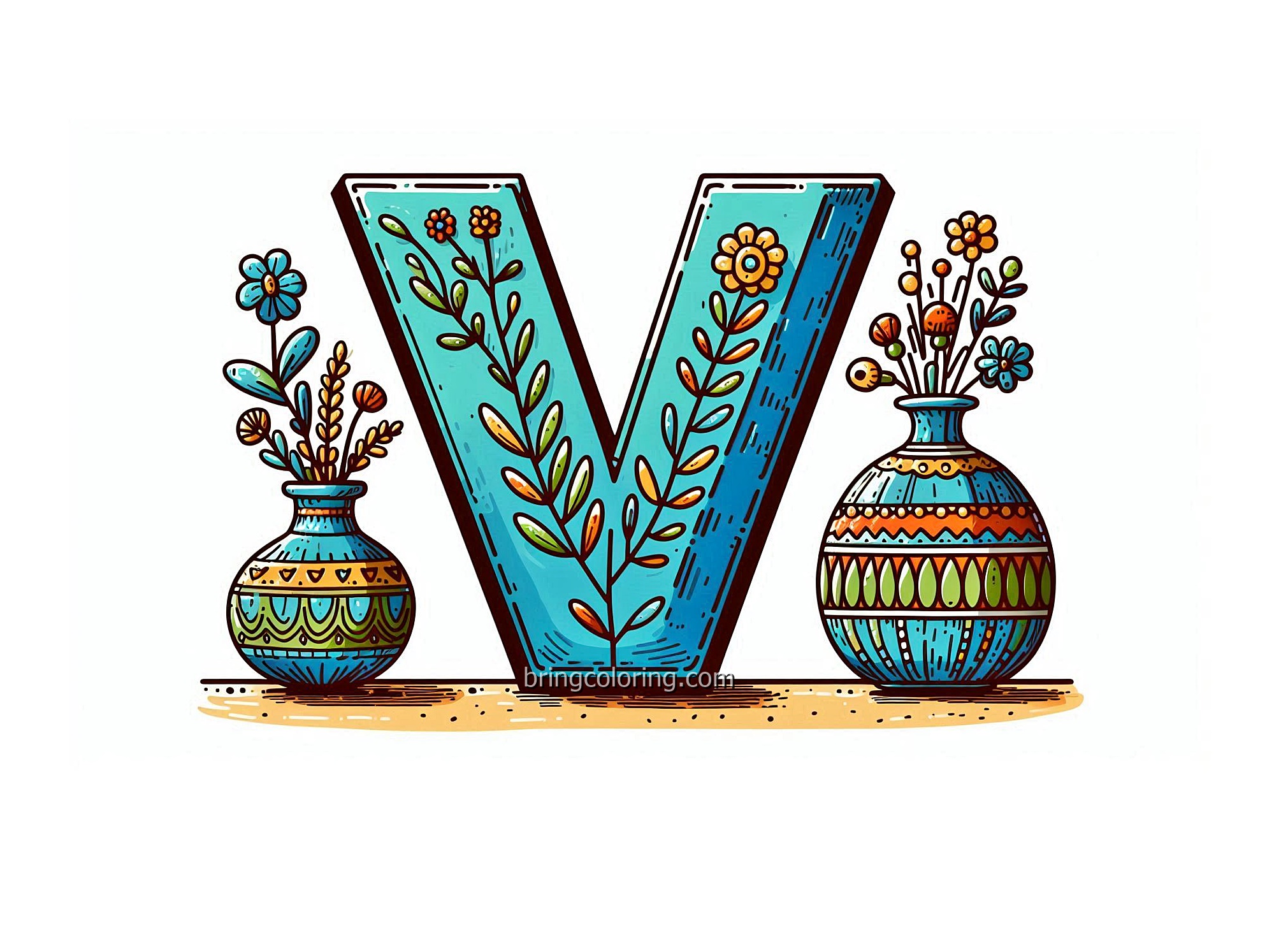 Image is Alphabet Letter V with Vase Coloring