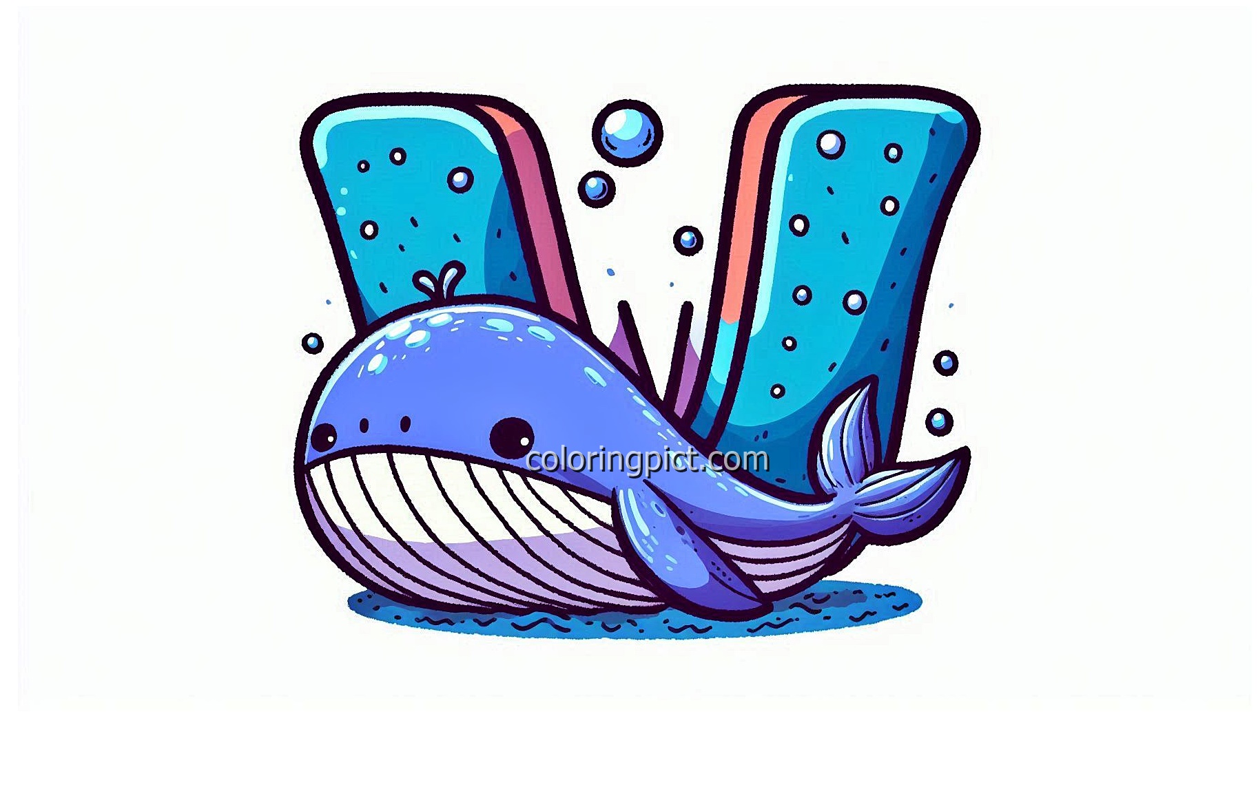 Image is Alphabet Letter W with Whale Coloring