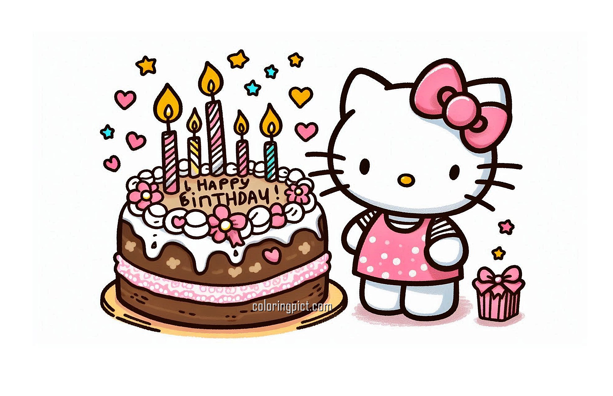 Image is Birthday Cake Hello Kitty Coloring