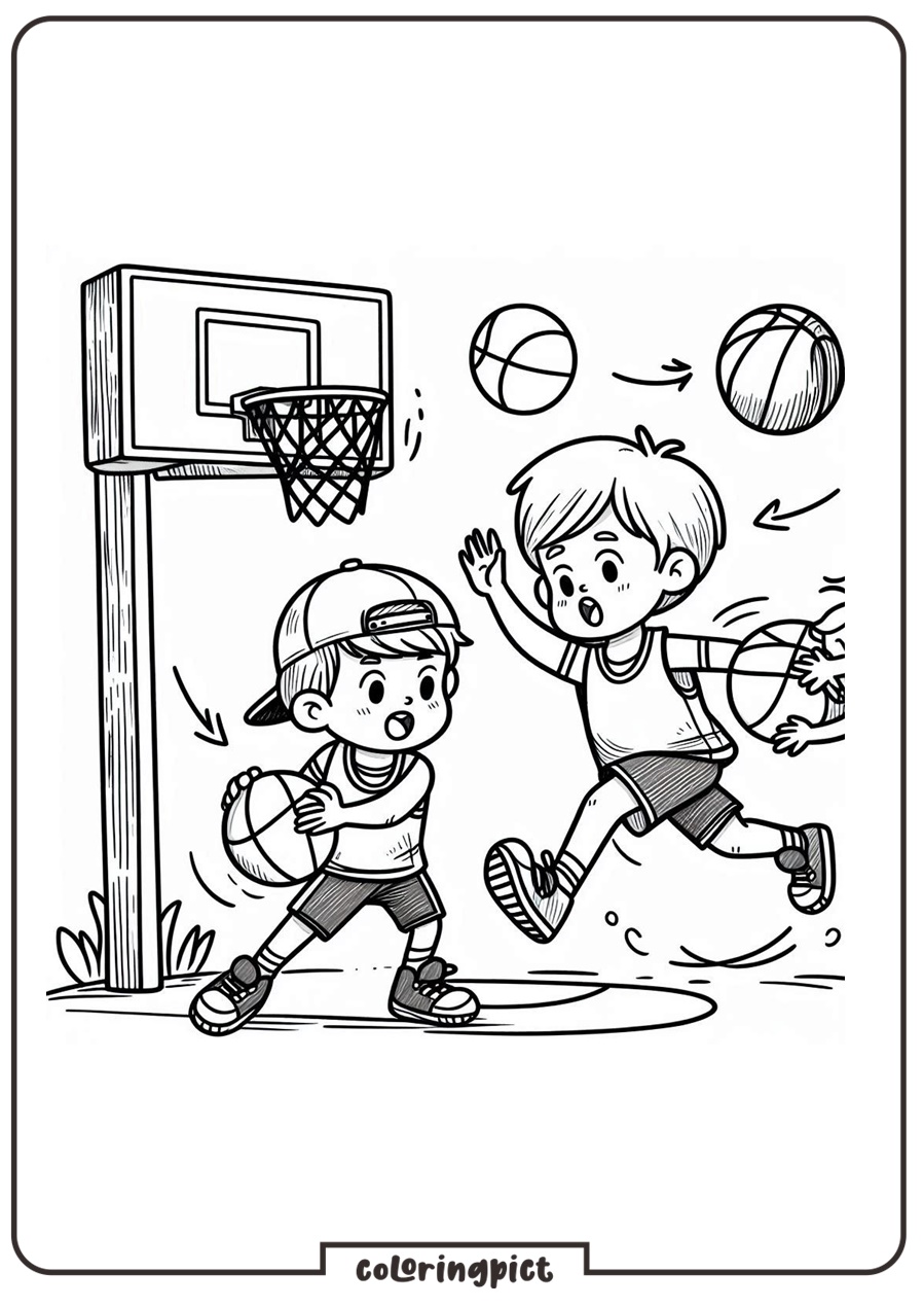 Kids Play Basketball Coloring Page