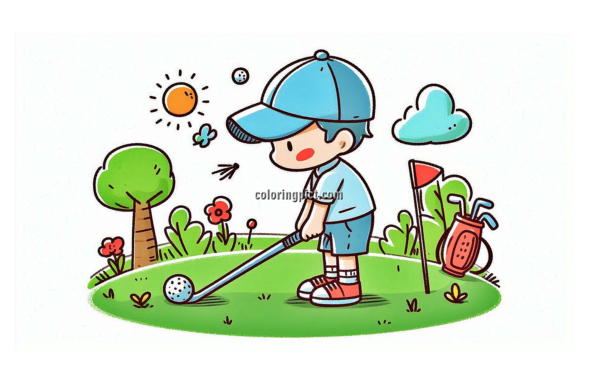 image is boy playing golf coloring