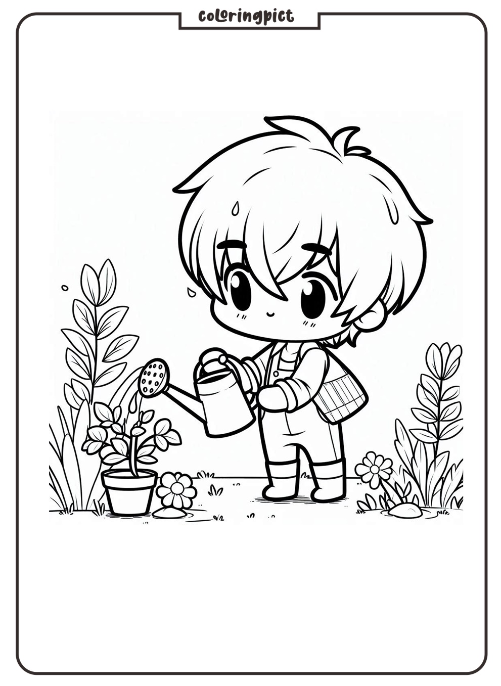 Kids Watering Plants Coloring Page