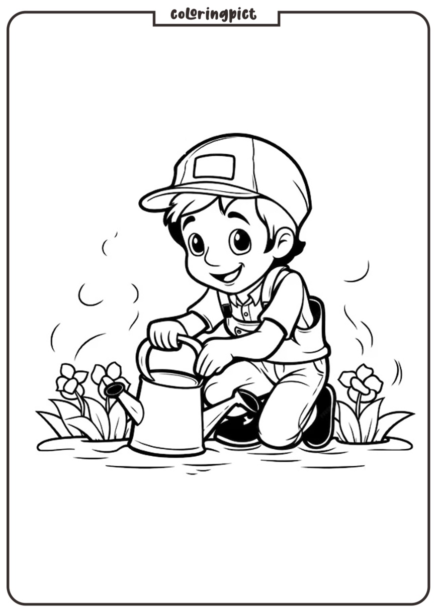Kids Watering Plants Coloring