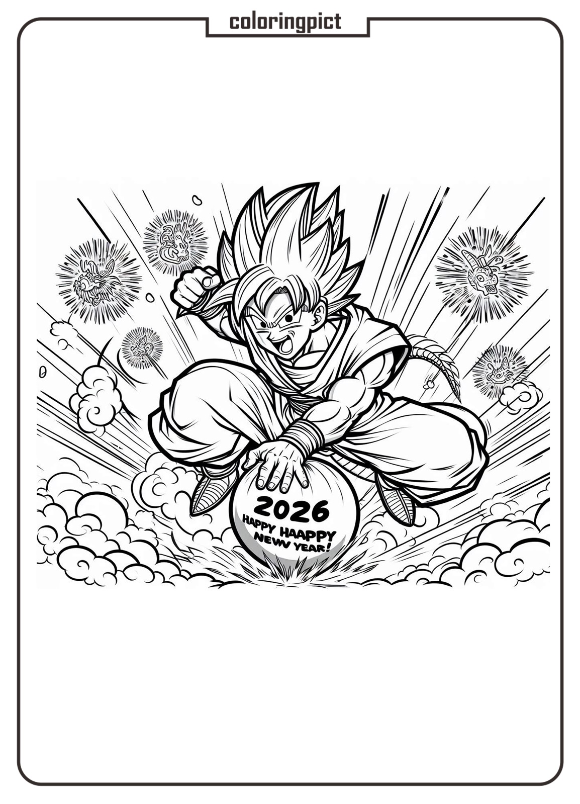 Dragon Ball Happy New Year 2026 Coloring Page coloringpict.com