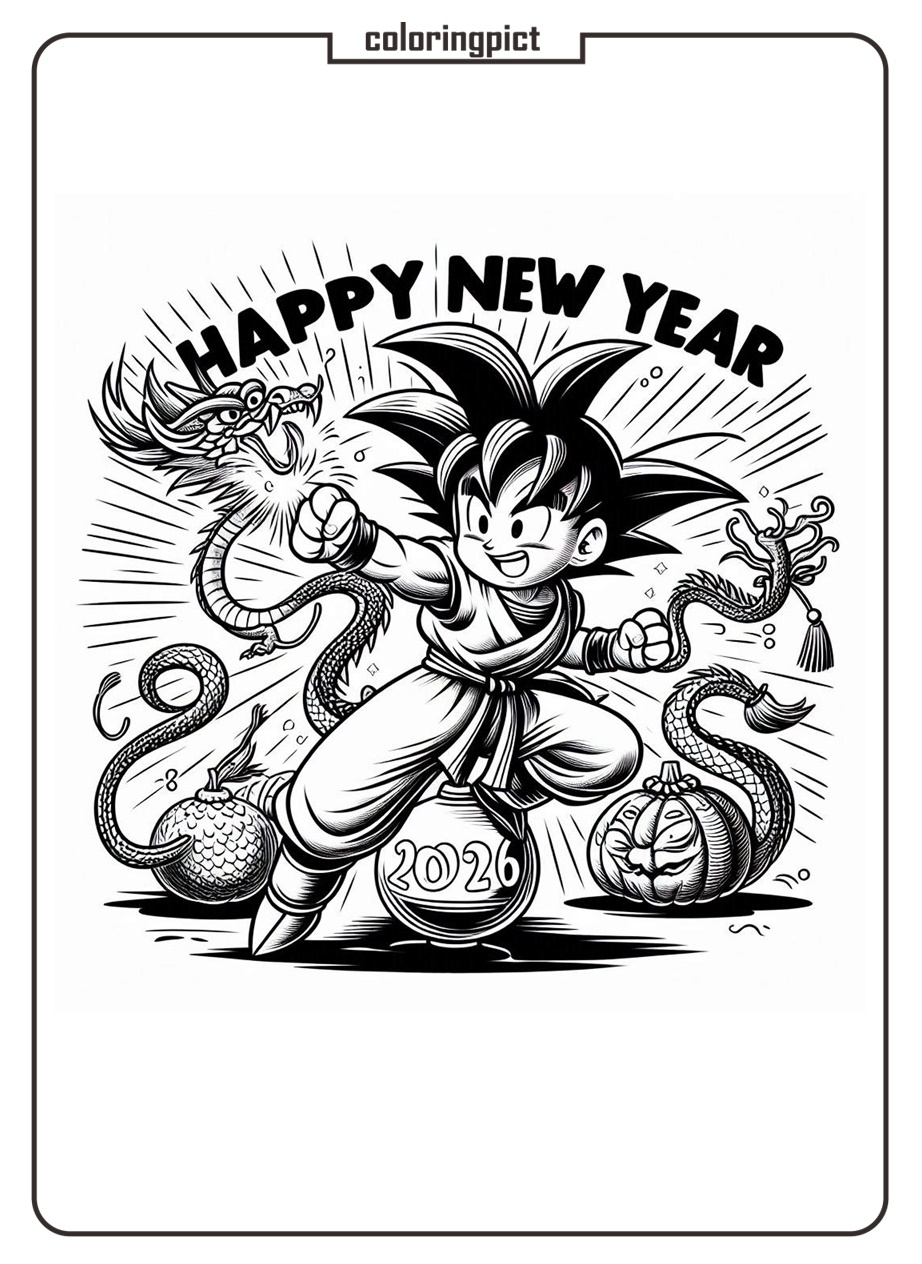Dragon Ball Happy New Year 2026 Coloring Page for Kids coloringpict.com