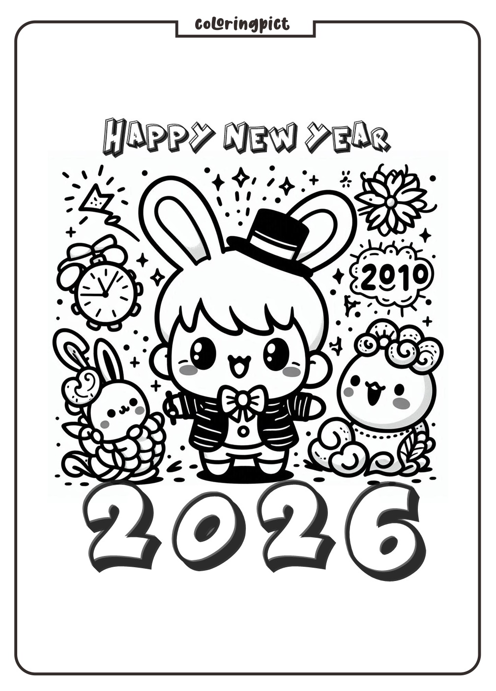 Happy New Year 2026 Coloring Page coloringpict.com