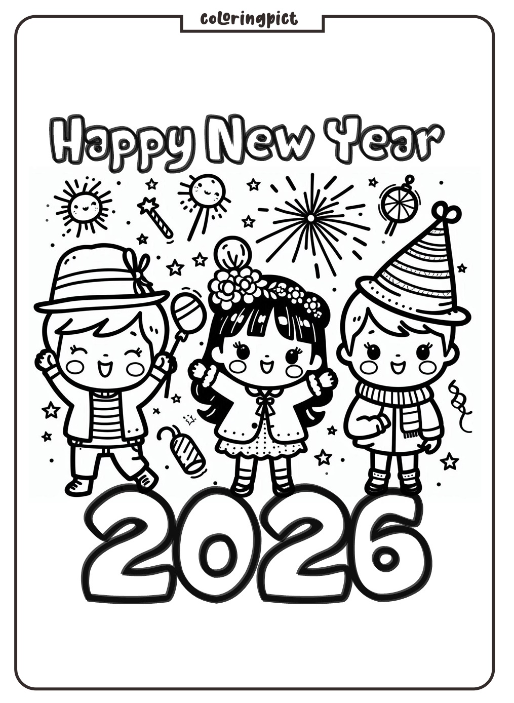 Happy New Year 2026 Coloring Page for Kids coloringpict.com