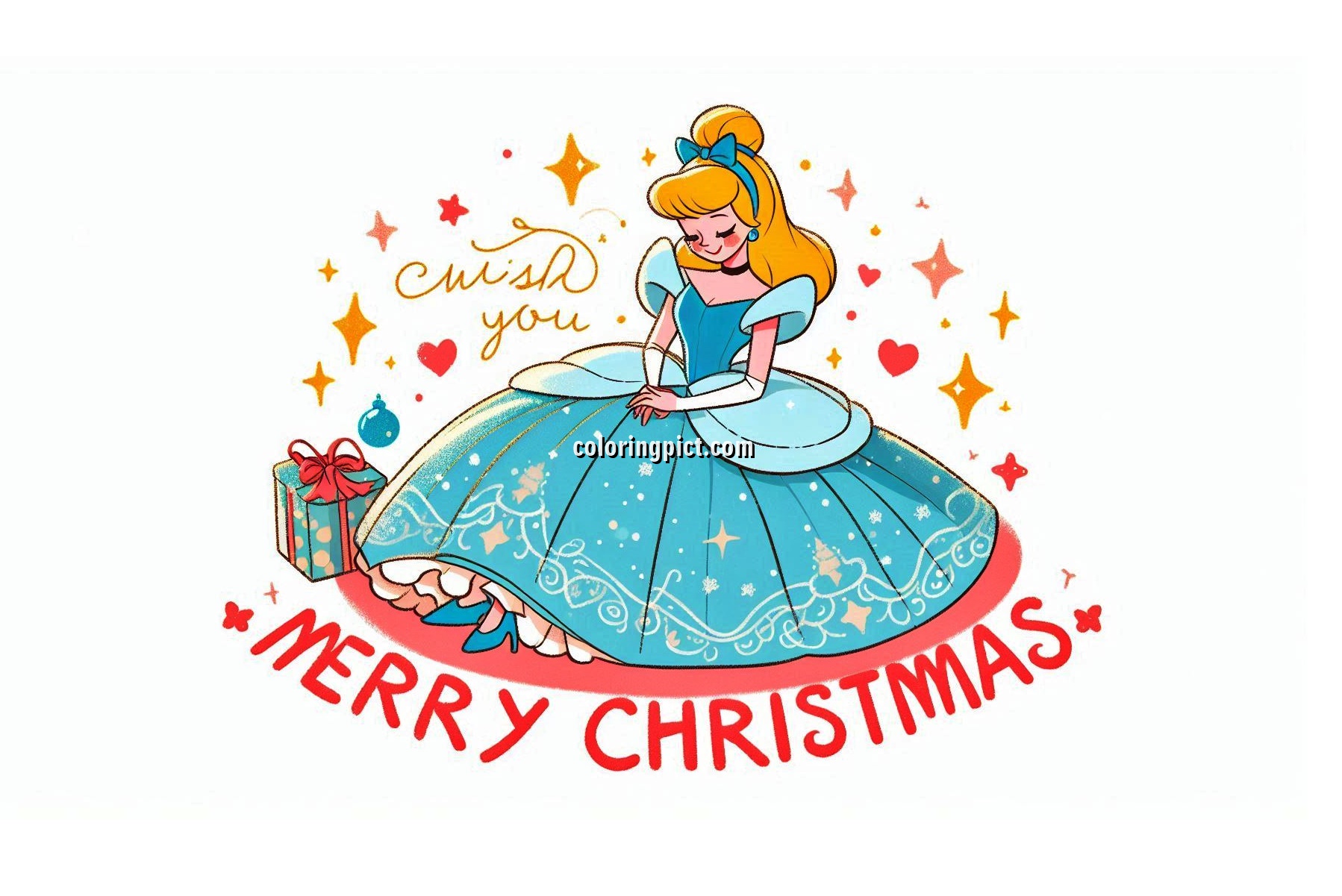 Image is Cinderella wishes you a Merry Christmas coloring