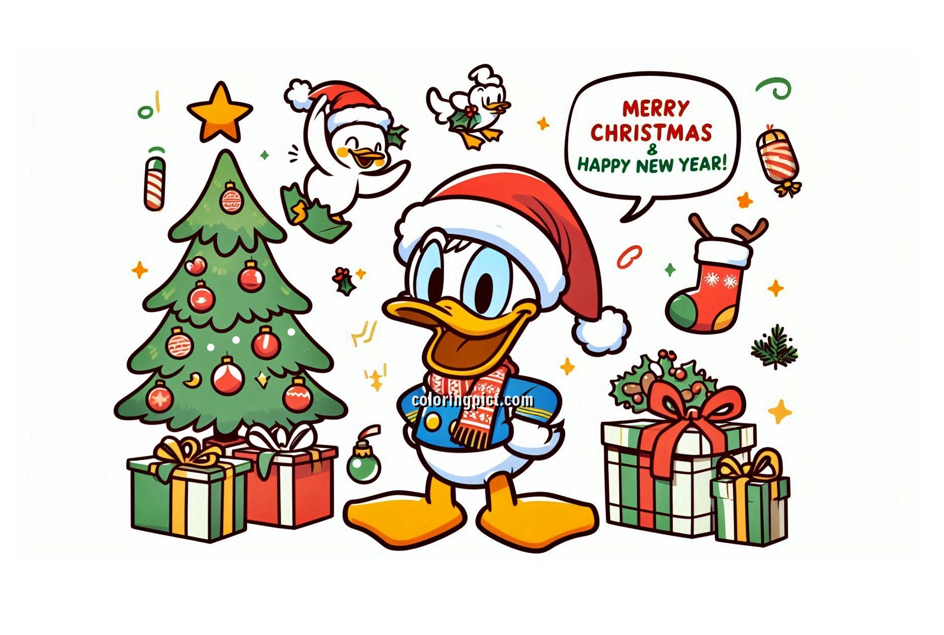 Get into the Festive Fun with Donald Duck Celebrates Christmas Coloring Pages 5 Image is Donald Duck Celebrates Christmas Coloring