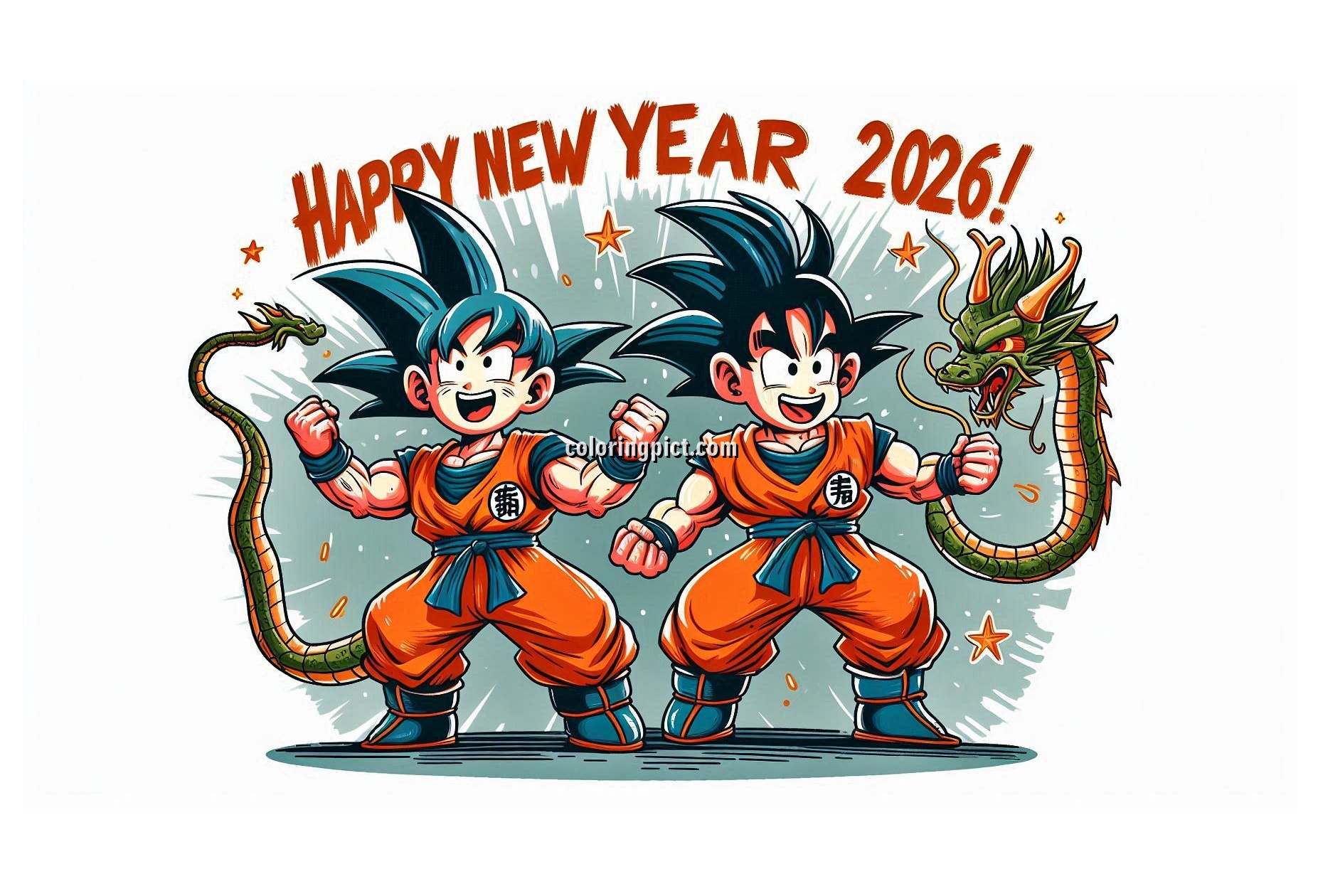 Image is Dragon Ball Say Happy New Year 2026 Coloring