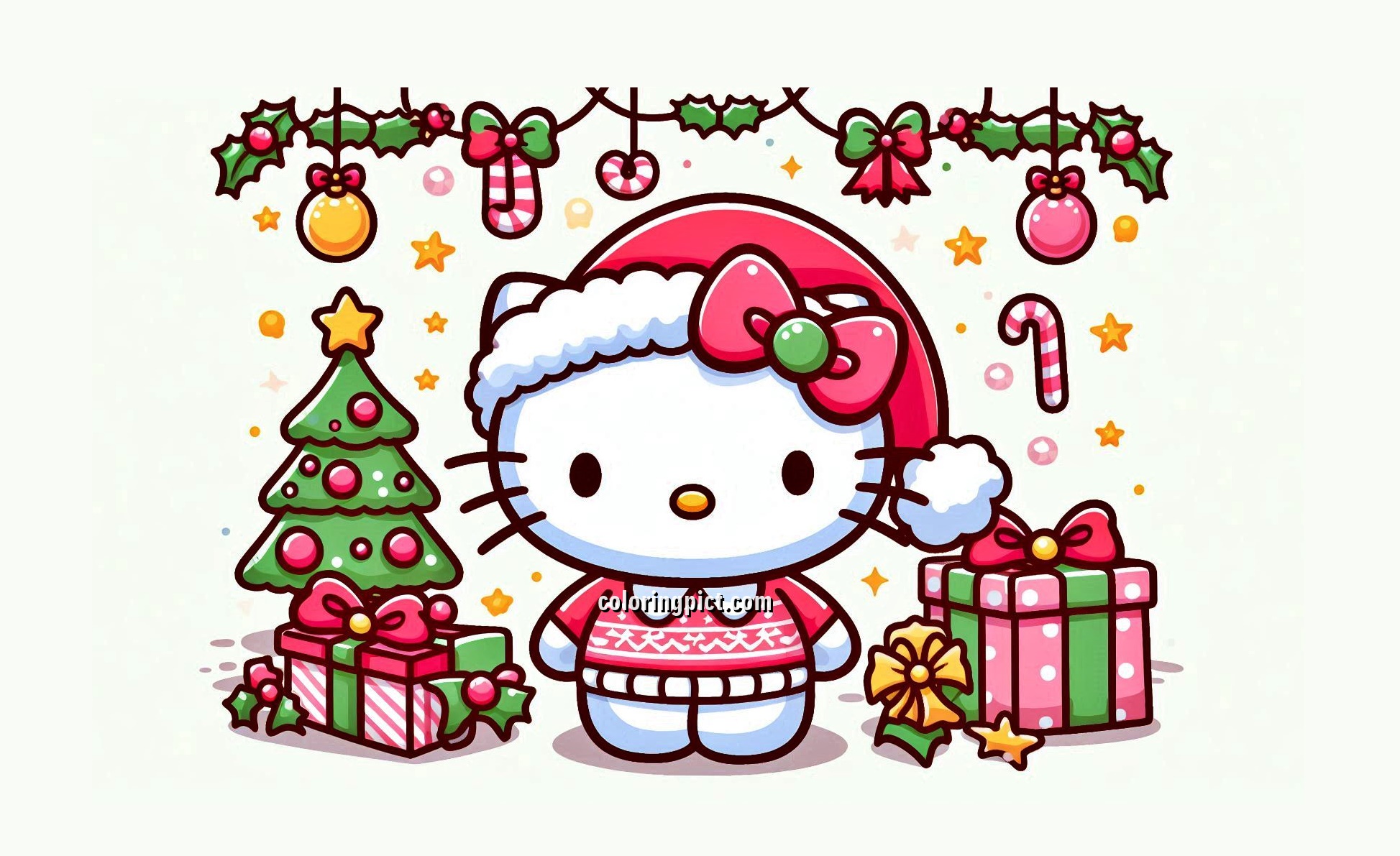 Image is Hello Kitty Wearing a Santa Hat at Christmas Celebration Coloring