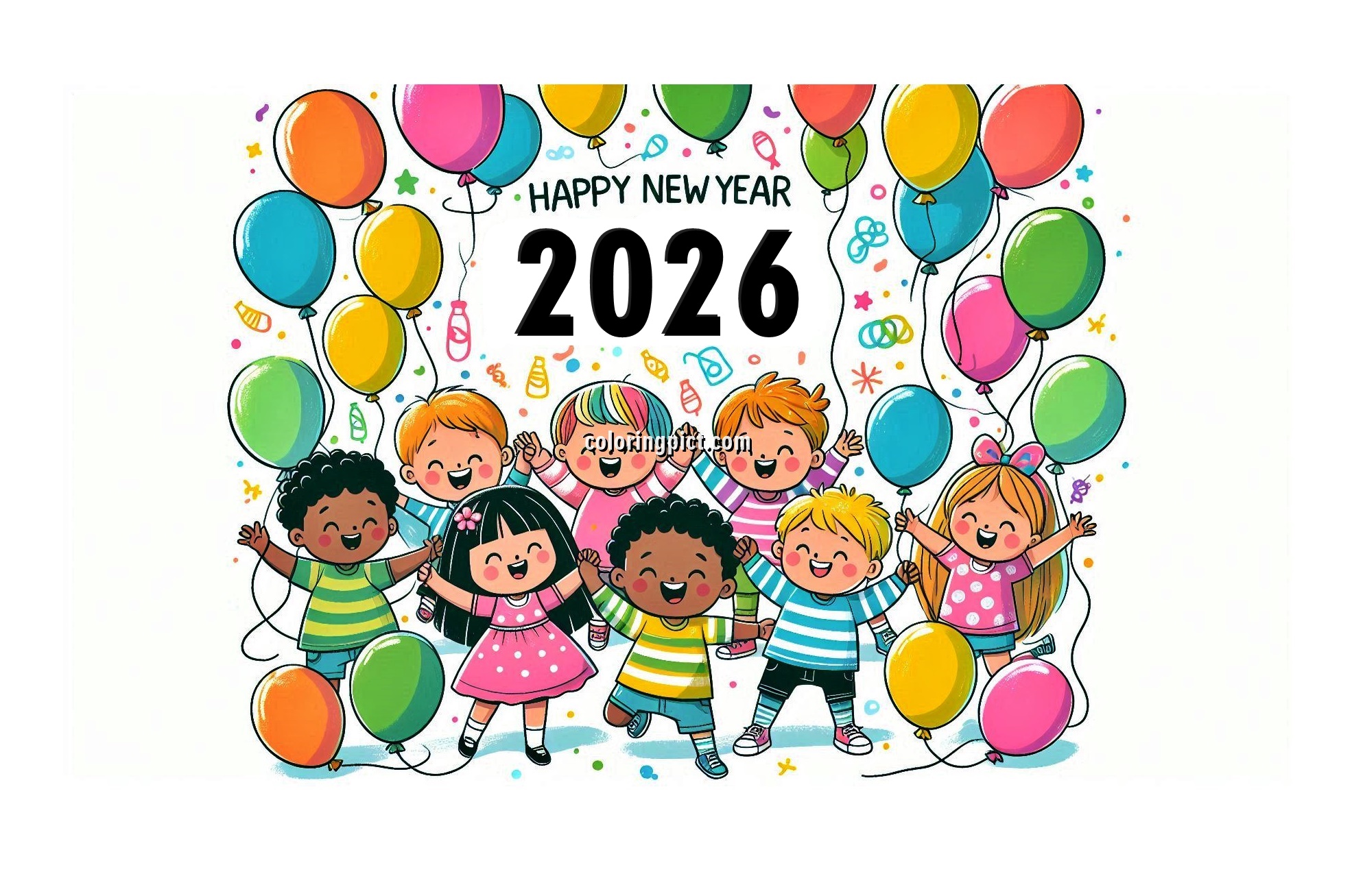 Image is Kids Celebrate Happy New Year 2026 with Ballons Coloring Pages