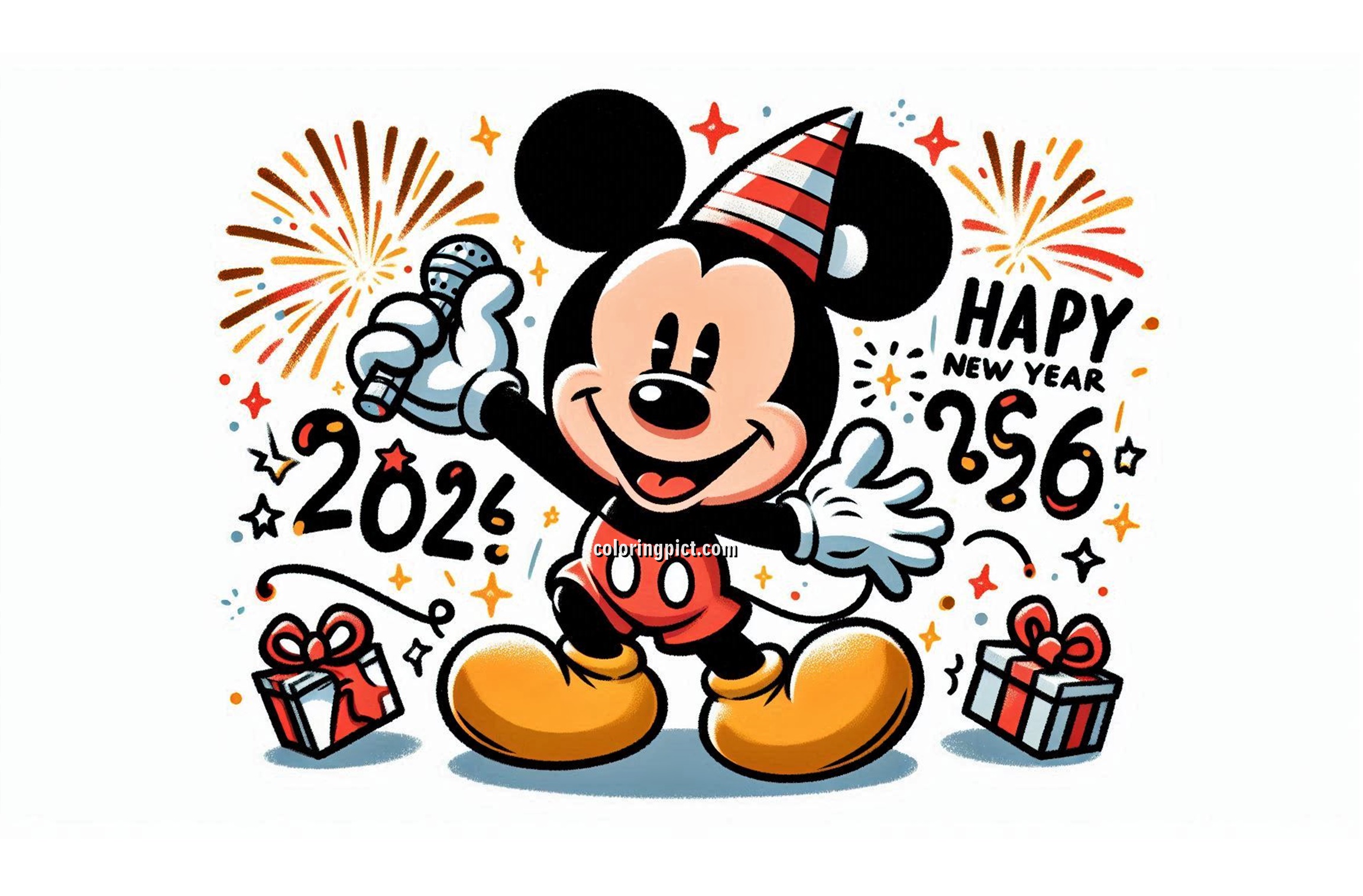 Image is Mickey Mouse Celebrate Happy New Year 2026 Coloring
