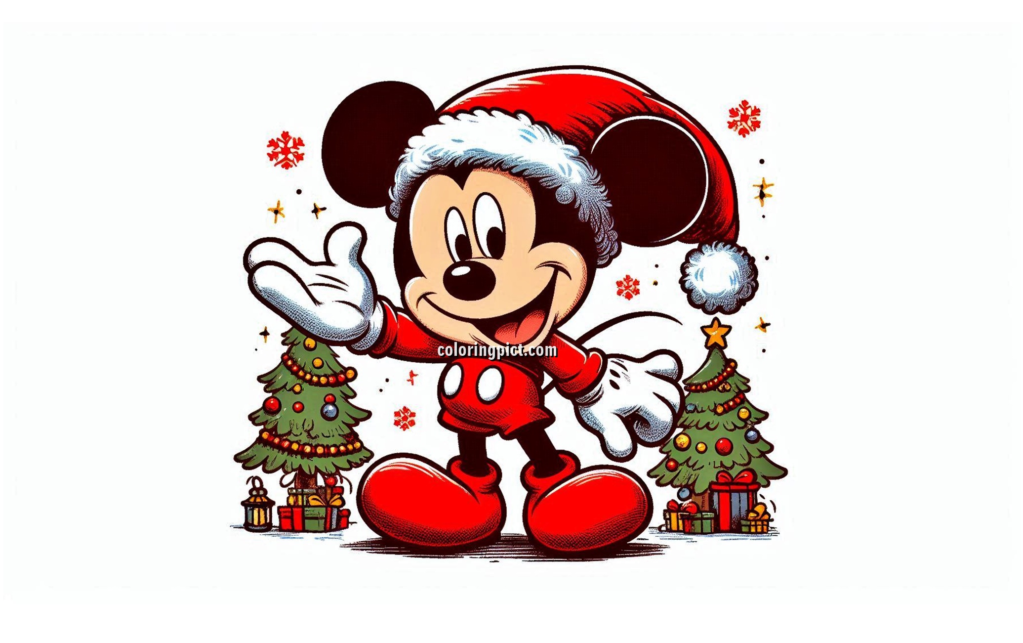 Image is Mickey Mouse Wearing a Santa Hat at Christmas Celebration Coloring