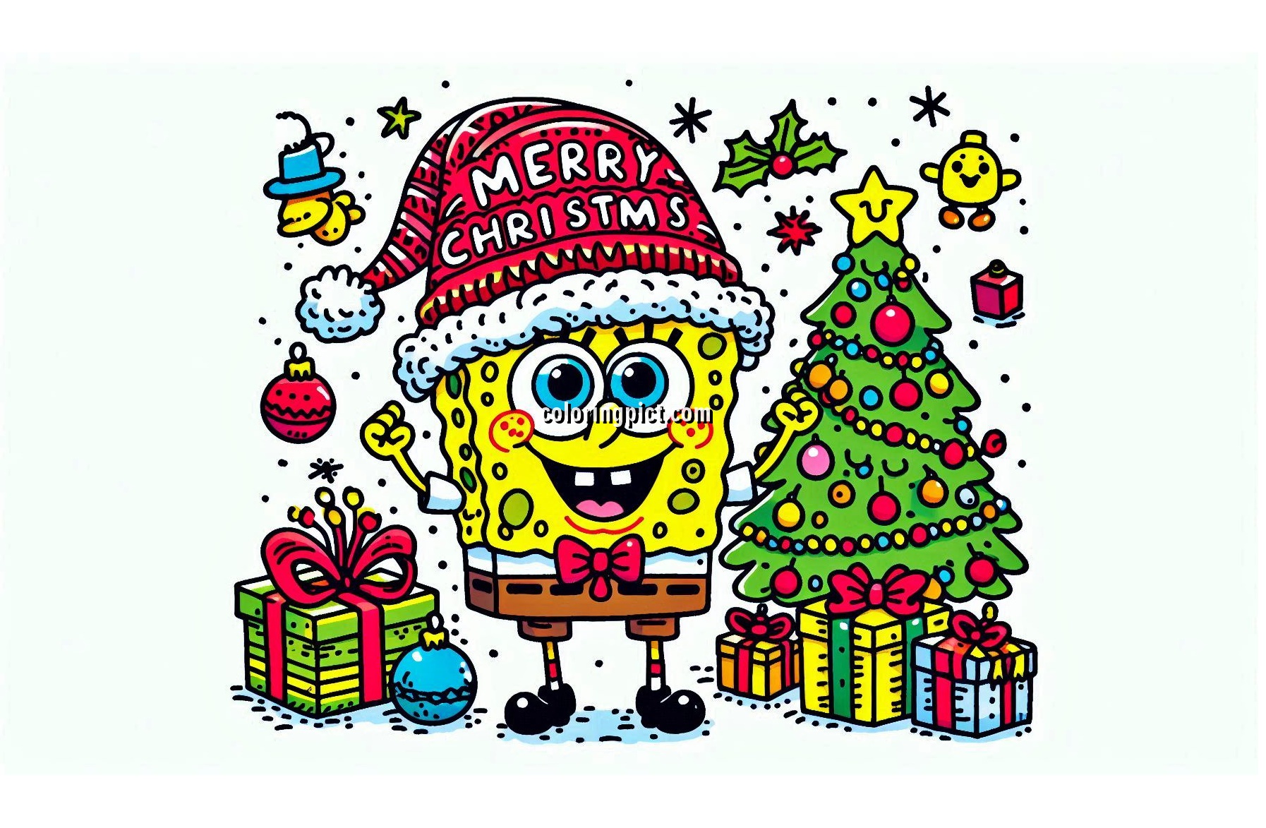 Image is Spongebob celebrates Christmas and Happy New Year Coloring