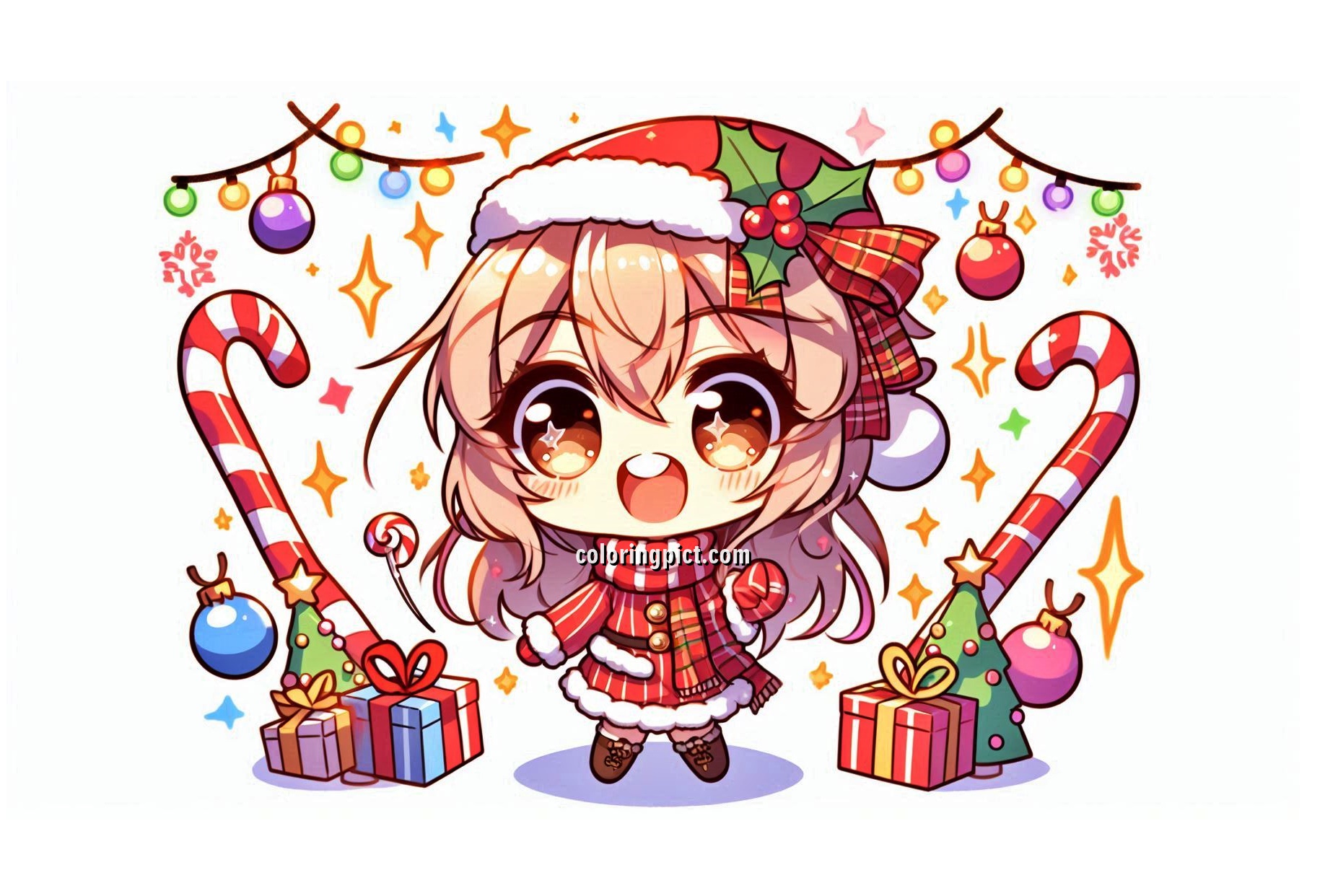 Image is cute chibi anime wishes you a Merry Christmas coloring