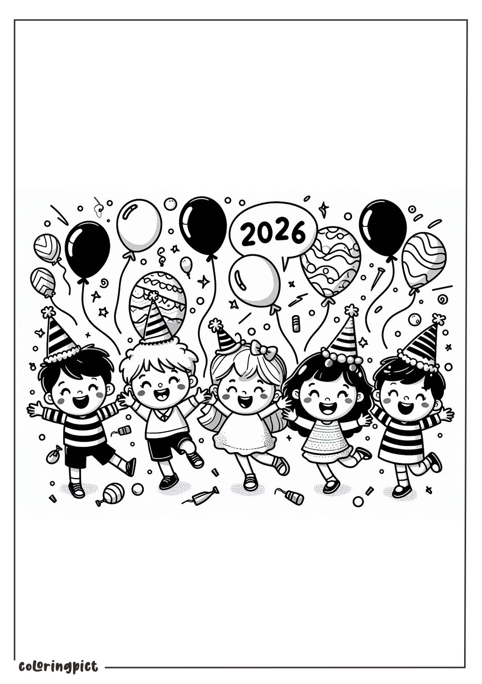 Kids Celebrate Happy New Year 2026 with Ballons Coloring Page coloringpict.com