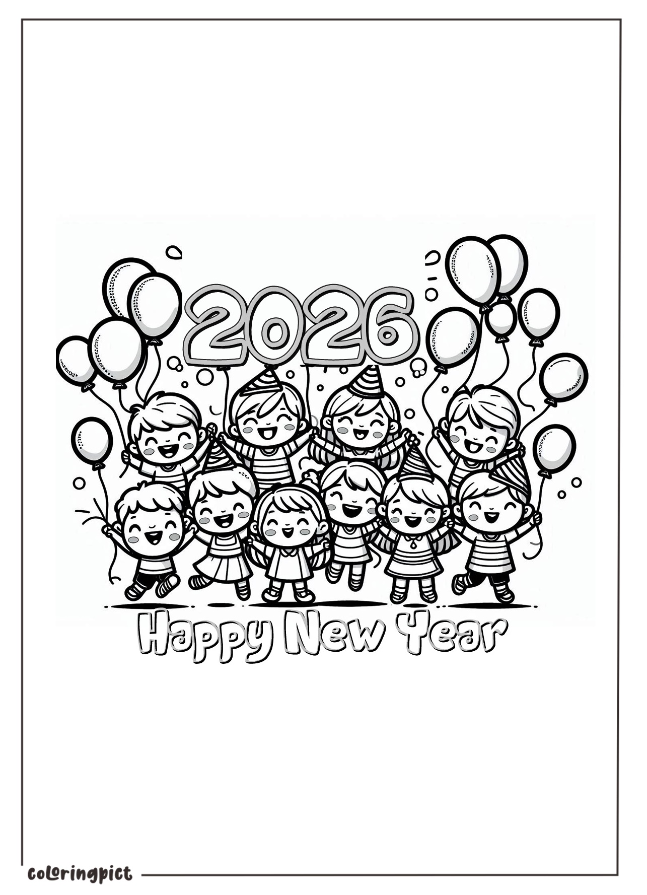 Kids Celebrate Happy New Year 2026 with Ballons Coloring Pages coloringpict.com