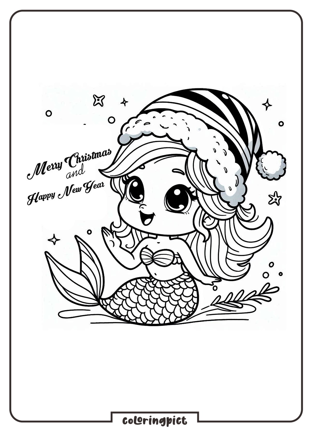 Little Mermaid Celebrates Christmas and Happy New Year Coloring Pages coloringpict.com