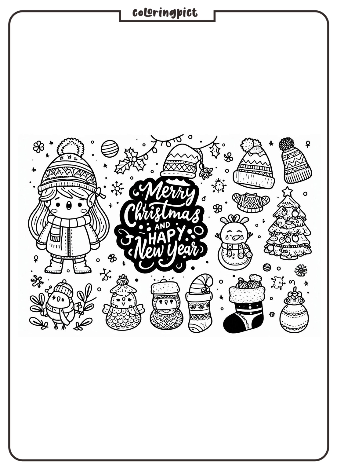 Merry Christmas and happy New Year Coloring Page coloringpict.com
