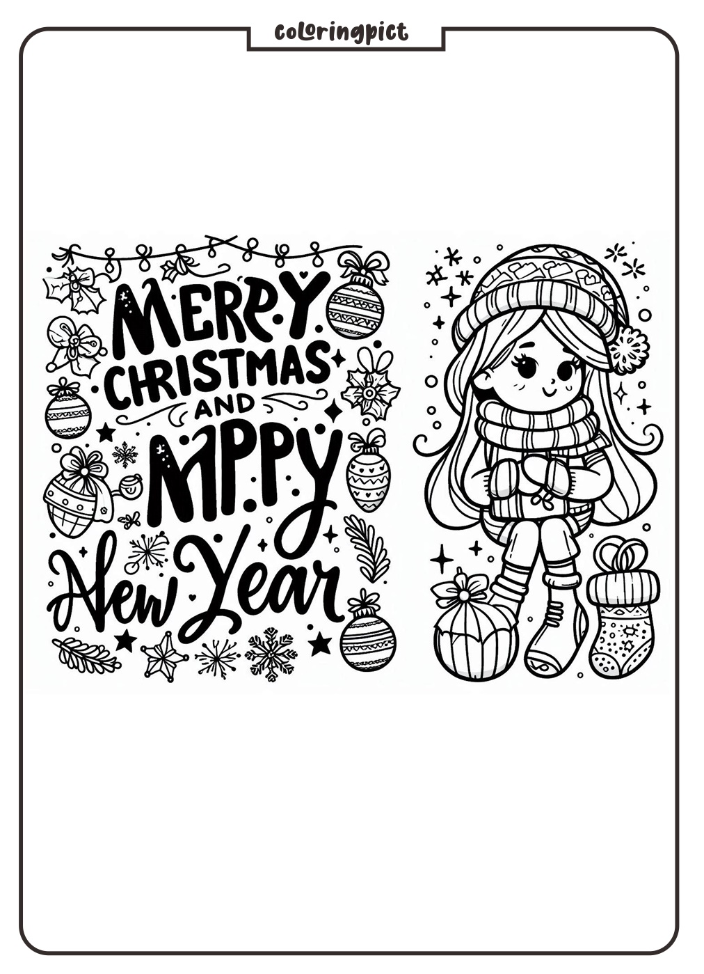 Merry Christmas and happy New Year Coloring Page for Kids coloringpict.com