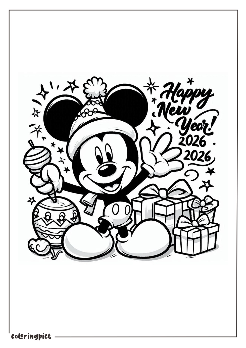 Mickey Mouse Celebrate Happy New Year 2026 Coloring Page coloringpict.com