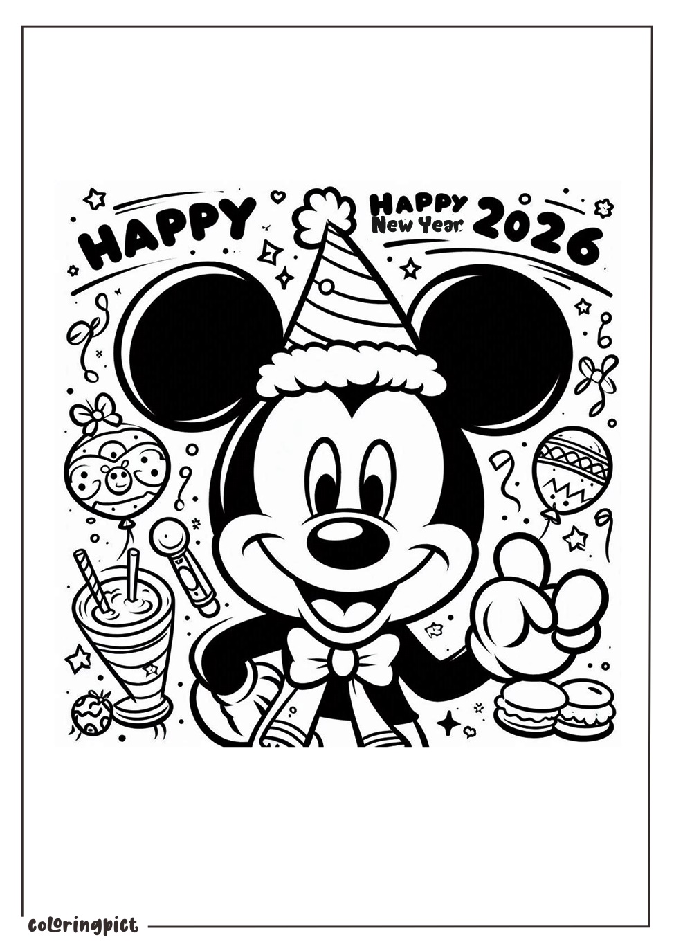 Mickey Mouse Celebrate Happy New Year 2026 Coloring Page for Kids coloringpict.com