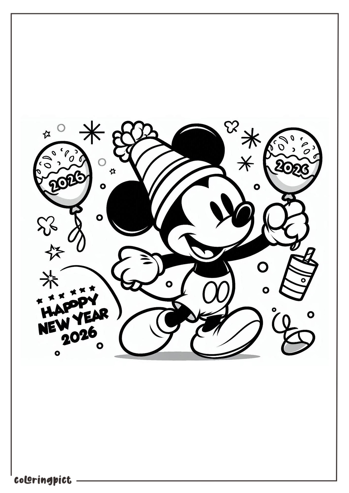 Mickey Mouse Celebrate Happy New Year 2026 Coloring Pages coloringpict.com