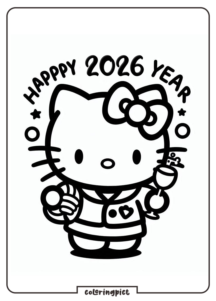 hello kitty celebrate happy new year 2026 coloring page coloringpict.com