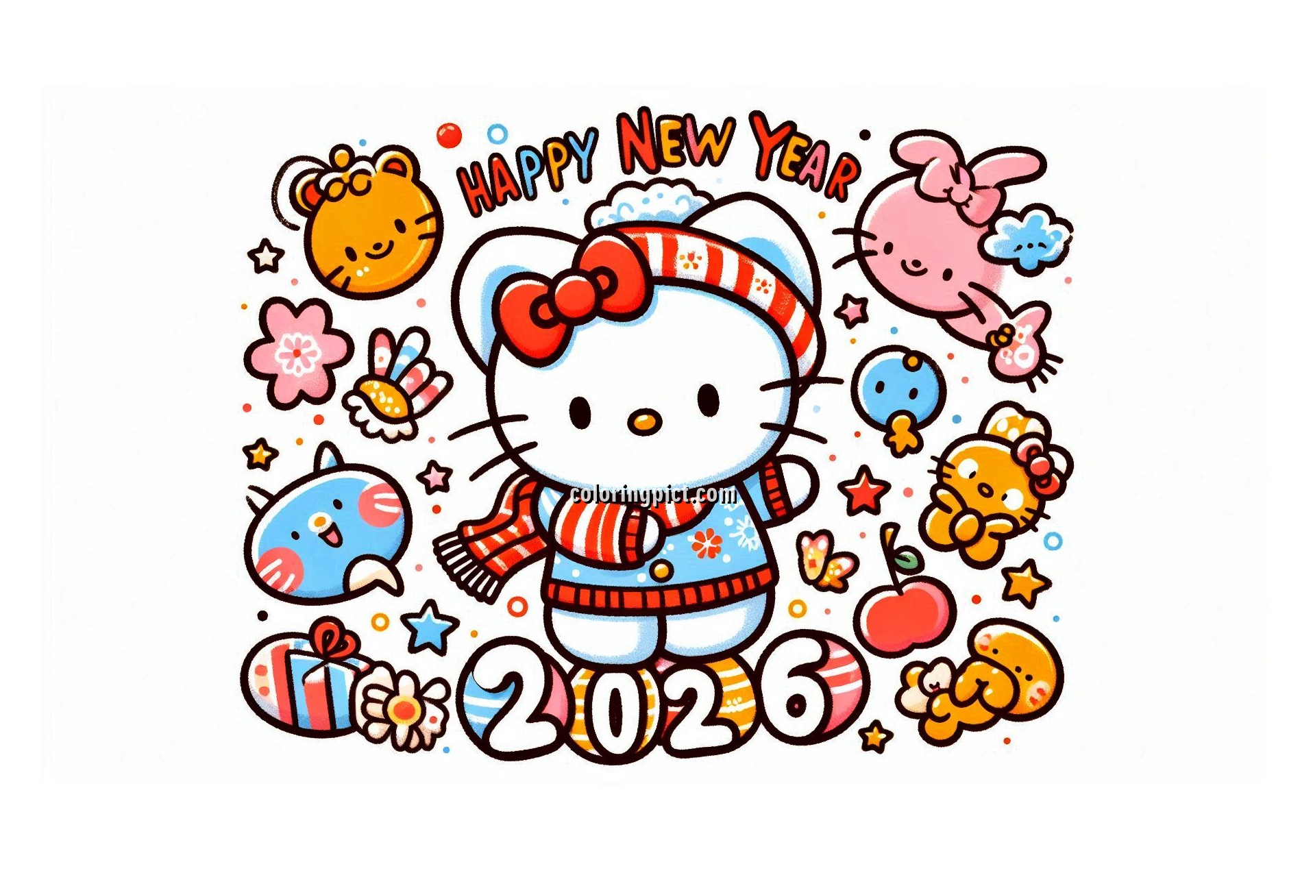 image is hello kitty celebrate happy new year 2026 coloring